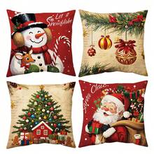 4 Stücke Weihnachts-Kissen-Bezüge mit fröhlichen roten Weihnachtsmann, Geschenk, Schneemann und Weihnachtsbaum Motiven, 45x45cm (17,72x17,72 Zoll), mit Reißverschluss, maschinenwaschbar, geeignet für Heim-Dekoration, Wohnzimmer, Schlafzimmer, Veranda, Garten, Outdoor-Camping, Winterurlaubs-Dekoration (nur Kissenbezüge - Füllung nicht enthalten)