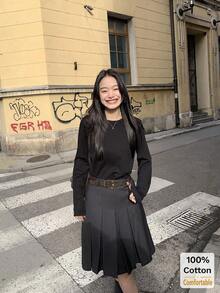 Women's Cotton Long Sleeve T-Shirt, Loose Fit Mid-Length Black Top, Layering Tee For Autumn/Winter