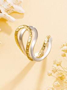 1pc Elegant Hollow Geometric Streamlined Open Stainless Steel Ring, Versatile Multi-Element Band, 18K Gold Vacuum Plating, Waterproof Accessory For Women, Party Wear