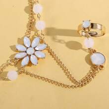 Fashion Flower Ring Integrated Bracelet Black Gemstone Lotus Interlocking Jewelry - 黑色 - 查看 8
