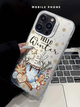 1件装时尚个性化圣诞雪人姜饼图案白色银色IMD手机壳，兼容 16/16Pro/16Plus/15/15ProMax/15Pro/11/12/13/14ProMax/11Pro/11ProMax/12Pro/12ProMax/13Pro/13ProMax/14Pro/14ProMax，软壳，高端