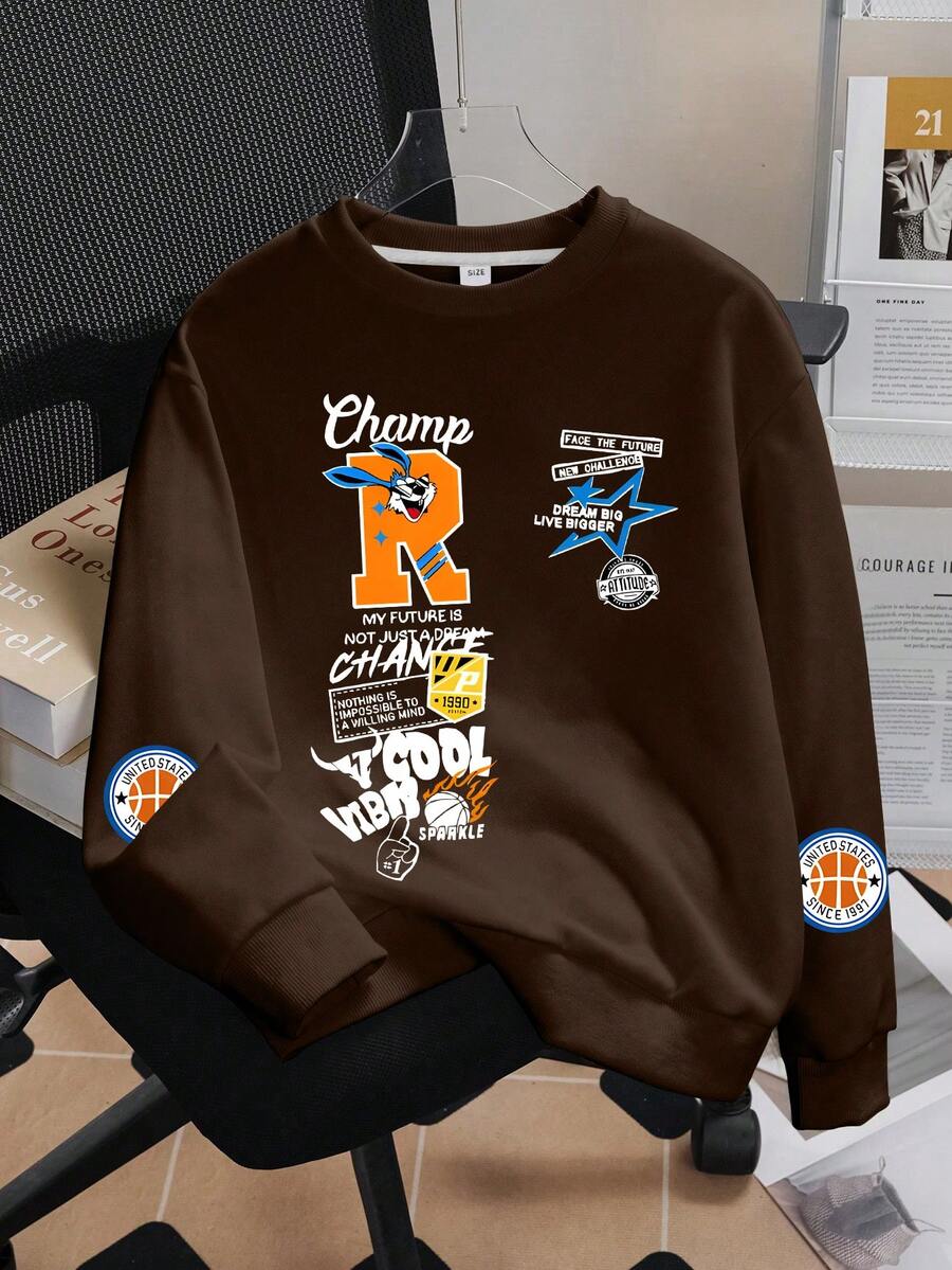 Tween Boy Casual Simple Cool Cartoon Design Sporty Style Pullover Round Neck Long Sleeve Sweater Autumn And Winter New Boys Clothes Kids - Brown - View 1