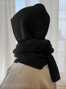 1 件女士时尚纯色黑色/米色/灰色/红色条纹连帽保暖披肩围巾围脖，适合秋冬季日常外出