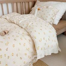 Muslin Duvet Cover With Ruffled Edges, 1 Piece Cotton Comforter Cover 47X59'', Pattern 2-Layer Gauze Bedding, No Quilt Or Pillowcases, Bedroom Essential - Yellow Duck - 查看 3