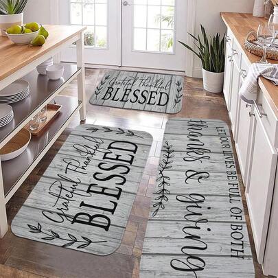 1/2/3pcs Kitchen Set, Vintage Gray Wood Plank With Gratitude And Blessings Font Design, Washable Handwoven Polyester Bedroom, Living Room, Dining Area, Bathroom, Entryway