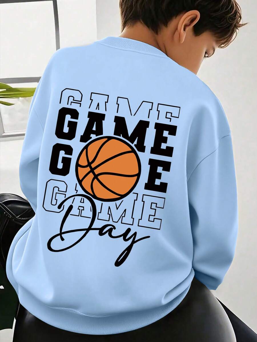 Tween Boys Casual Sporty Style Basketball Pattern Round Neck Long Sleeve Sweatshirt Autumn And Winter Student Boys Clothes - Blue - View 1