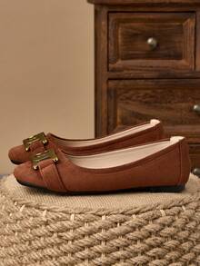 WHDXY 1 双女士方头一脚蹬平底鞋，新款夏季金属扣平底鞋，休闲乐福鞋，时尚优雅，适合派对和日常穿着