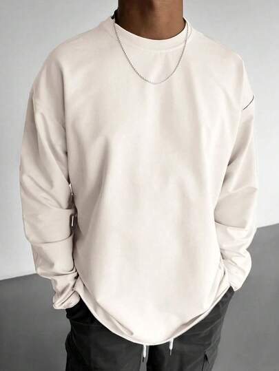 男士休闲纯色长袖 T 恤，适合春秋季节