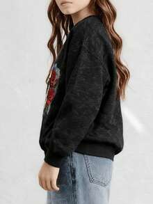Tween Girls Rose Skull Pattern Round Neck Long Sleeve Sweatshirt, Casual Pullover, Suitable For Daily Wear - Black - View 7