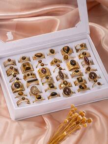 1/3/6/9/12/15/18 Peças Conjunto de Anéis Combinados de Olho de Gato com Pedra Preciosa Oval Revestido a Ouro 18K em Aço Inoxidável, Estilo Elegante de Férias, Design de Estampa de Leopardo, Versátil, Adequado para Presentes Femininos, Decoração de Festa, Uso Diário