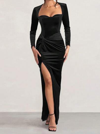 Vestido de Verão Onicee Preto, Conjunto de Dia dos Namorados para Mulheres, Moda Feminina, Vestido de Veludo com Manga Longa e Fenda, Vestido Elegante Adequado para Dia dos Namorados, Encontros, Reuniões, Festas, Viagens, Férias, Praia e Outras Ocasiões