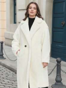 ZIAI Áo khoác dài tay ve lớn bằng lông cừu Teddy màu trơn mùa đông dành cho nữ - trắng - Xem 4