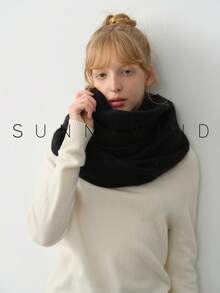 1 pieza Cuello de punto de unicolor de poliéster cálido para mujer, versátil para ir al trabajo y uso diario, otoño/invierno para vestir - Negro - Ver 6
