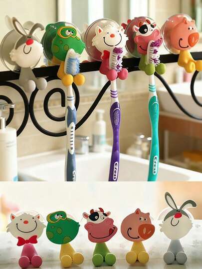 1pc Random Cartoon Design Toothbrush Holder, Suction Cup Cute Silicone Toothbrush Rack, Suitable For Children's Home & Bathroom Decor, Back To School Season