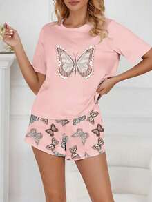 2pcs Women Pajama Set With Butterfly Pattern Top And Shorts