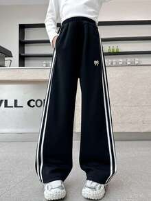 女童休闲直筒裤，儿童宽松阔腿裤，百搭新款青少年女童裤子 - 黑色 - 查看 4