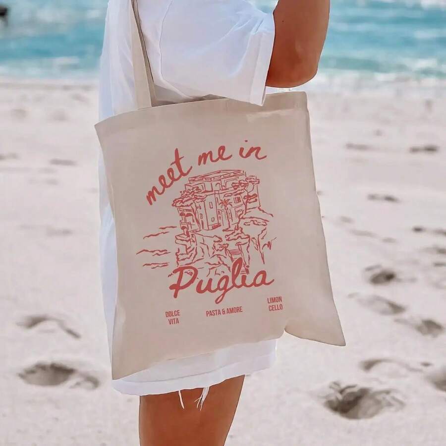 La Dolce Puglia Tote Bag - Lightweight Italian Coastal Style Design With Meet Me In Puglia Print, Geometric Beach Bag, Includes A Carry Pocket, Hand Washable Beige Casual Summer Travel & Beach Bag - A - 查看 1