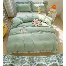 Juego de funda nórdica de encaje y volantes de poliéster elegante - Ropa de cama blanca para niña - Funda nórdica de 2 piezas para cama individual con cierre de cremallera - Ultra suave y ligera (Blanco, Individual) - SIN edredón incluido - Verde - Ver 1
