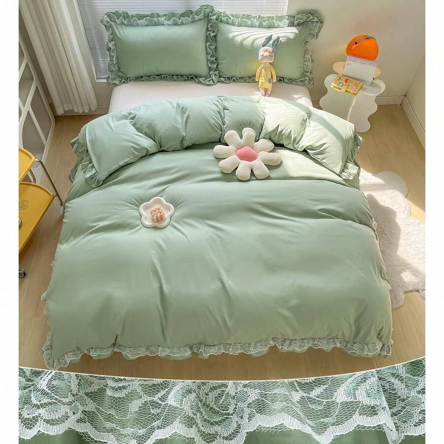 Juego de funda nórdica de encaje y volantes de poliéster elegante - Ropa de cama blanca para niña - Funda nórdica de 2 piezas para cama individual con cierre de cremallera - Ultra suave y ligera (Blanco, Individual) - SIN edredón incluido - Verde - Ver 1