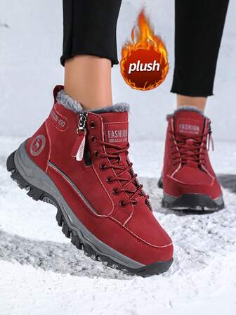 Women's Snow Boots 2025 Autumn/Winter New Thick Sole Increased Height Non-Slip Wear-Resistant Mid-Calf Round Toe Lace-Up Fur Lining Thick Warm Winter Outdoor Boots, Fashionable Versatile Outdoor Boots, PU Leather Waterproof Anti-Oil Artificial Fur Lining Comfortable Warm Anti-Cold Furry Shoes