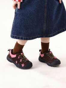 7-18 Years Old Unisex Vintage Trekking Shoes For Outdoor Running, Hiking And Other Sports Activities, Retro Round Toe Fashion Pink Star Pattern Casual Sneakers For School, Travel And Daily Wear