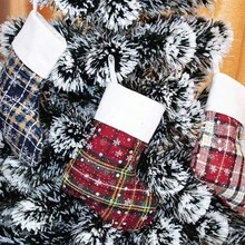 9'' Set Of 8 Stocking Ornament Glitter Plaid Snowflake Print Candy Bag Holders, Xmas Tree, Home, Garden, Family Fireplace Decorations