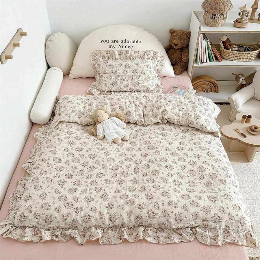 Muslin Duvet Cover With Ruffled Edges, 1 Piece Cotton Comforter Cover 47X59'', Pattern 2-Layer Gauze Bedding, No Quilt Or Pillowcases, Bedroom Essential - 優雅的粉紅色花卉 - 查看 1
