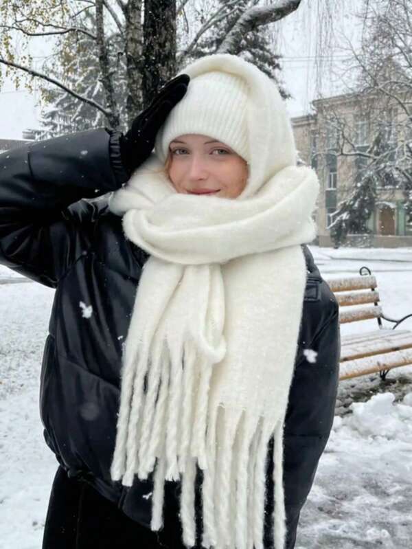 1pc Solid Color Thickened Tassel Scarf - Soft, Warm, Windproof Winter Scarf, Fleece Fabric, 78.74x15.75 Inches, Black & White Fashionable Casual Daily Outgoing Style, College Style Accessory Scarfs For Women Winter, Soft Fabric, Decorative Tassel Scarf, Suitable For Women And Men, With Tassel Scarf, Women's Winter Shawl, Women's Winter Warm Scarf, Long Colorful Scarf, Large Size Women's Scarf, For Cold Weather Wear, Fashionable, Minimalist Design, Comfortable Material, Men's Accessory, Women's Fashion