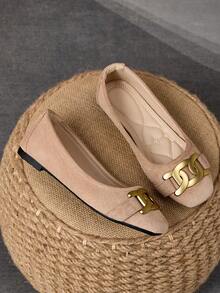 WHDXY 1 Pair Women's Square Toe Slip-On Flats, New Summer Flat Shoes With Metal Buckle, Casual Loafers, Fashionable & Elegant For Party And Daily Wear - Khaki - View 2