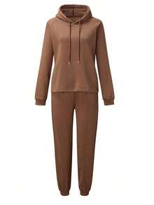2 Stücke /Set Damen lässig einfarbiger Hoodie und Jogginghose, Herbst/Winter - Kaffeebraun - Übersicht 5