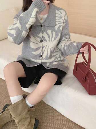 女士短款针织开衫外套，秋冬新款，花卉提花图案，长袖，翻领