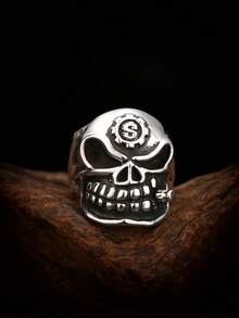 1pc 925 Sterling Silver Vintage Blackened Punk Style Smoking Skull Ring, Suitable For Men To Wear On Holidays