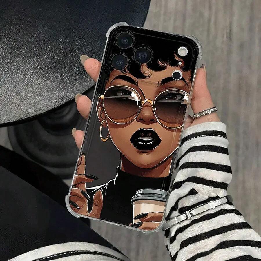 Teléfono Belleza Negra Con Gafas De Moda 1 Patrones Cuatro Esquinas Teléfono Móvil Con Impresión Transparente Anticaída, Adecuado Para phone17, 16, 15, 14, 13, 12, 11 Pro X XS Series, Halloween Y Regalos De Acción De Gracias Amigos Y Familiares - transparente - Ver 1