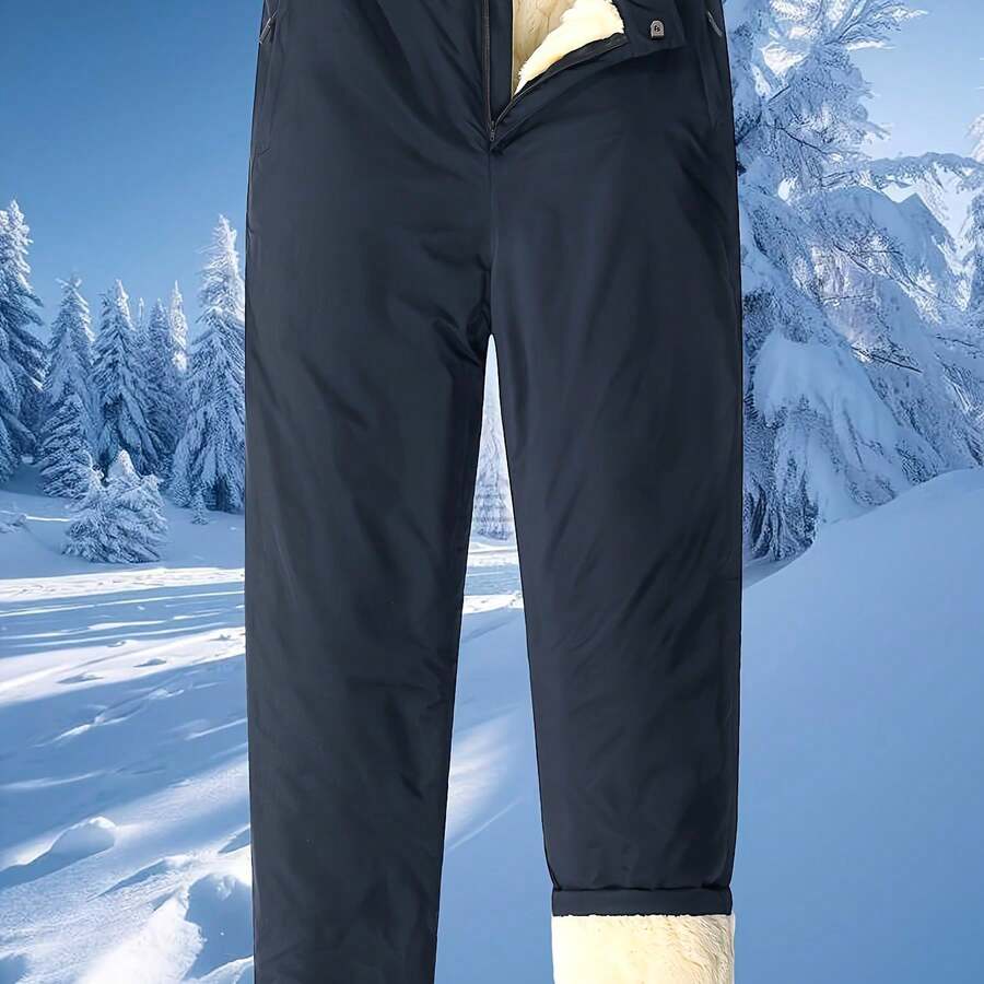 Men's Winter Pants With Fleece & Fluffy Hem - Windproof Snow Trousers, Zippered Pockets & Elastic Waistband, Hand Washable Cold Weather Outdoor Skiing/Gym Pants (Black/Dark Blue) - Heavy-Duty Polyester-Like Fabric, Trousers For Men, Winter Pants For Men, Mens Clothes, Winter Trousers Men, Slacks Pants For Men, Winter Clothes For Men, Thermal Wear For Men, Thermal Pants For Men, Workwear For Men, Track Pants Men, Trouser Pants For Men, Casual Trousers For Men, Long Pants For - 深藍色 - 查看 1