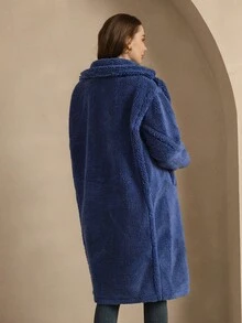 ZIAI 女士纯色长袖宽松翻领仿羊羔绒泰迪熊外套，冬季 - 藍色 - 查看 6