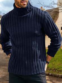 Mens Turtleneck Cable Knit Pullover Sweater Warm Thick Chunky Knitwear Fall Winter Outfit - 藏蓝色 - 查看 2