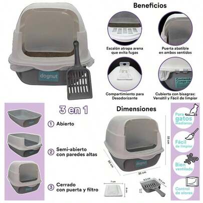 - Arenero para Gato con Pala, Cerrado, con Tapa y Puerta Abatible, Gris y Blanco 50x35x33