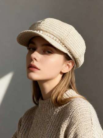 1 件女士时尚贝雷帽，韩国秋冬新款珍珠链八角帽，轻盈奢华优雅报童帽，适合返校季