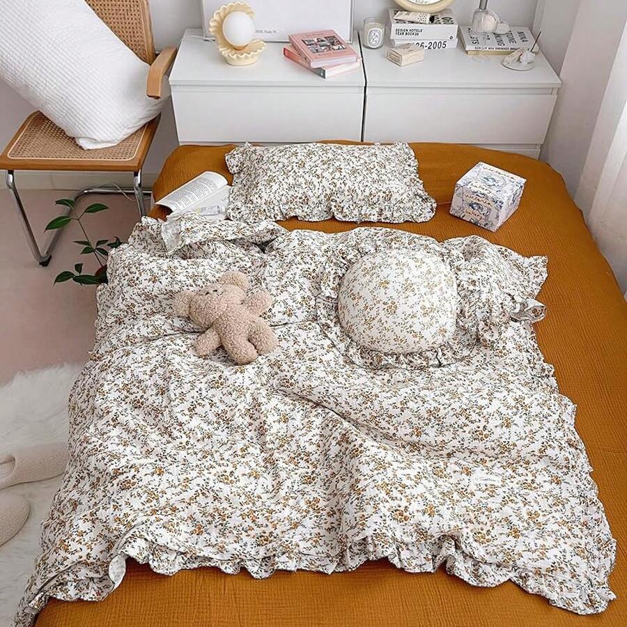 Muslin Duvet Cover With Ruffled Edges, 1 Piece Cotton Comforter Cover 47X59'', Pattern 2-Layer Gauze Bedding, No Quilt Or Pillowcases, Bedroom Essential - 木槿 - 查看 1