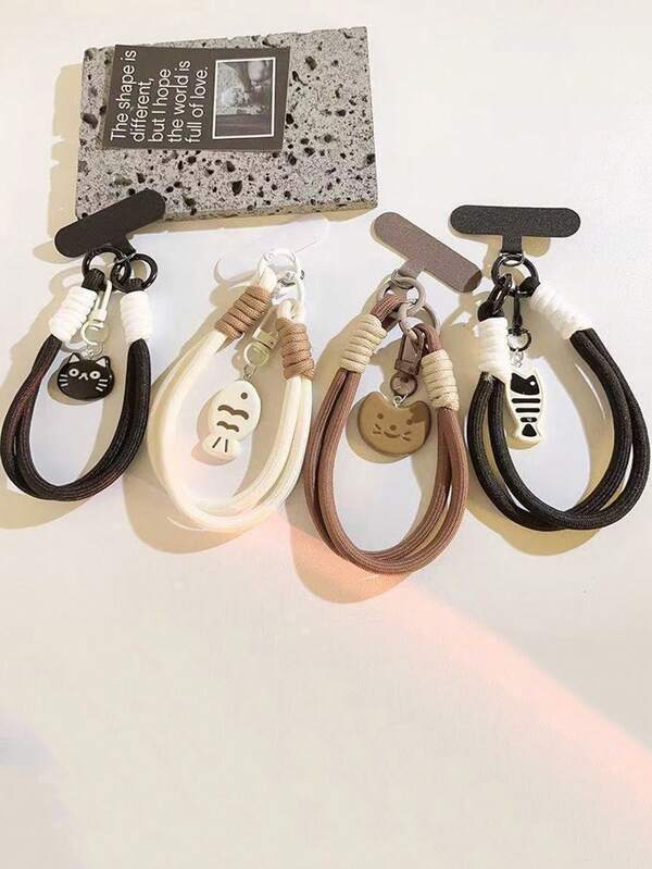 1pc Cartoon Cat & Fish Pendant Dual Chain Braided Lanyard With Clip, Suitable For Mobile Phone, CCD Camera, Keys