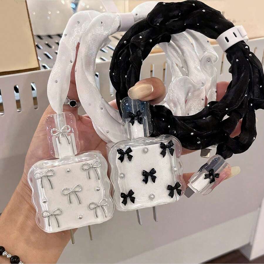 3D银蝴蝶结和黑蝴蝶结珠饰保护壳，兼容苹果数据线，兼容 18-20W充电器，防摔防刮。 - 黑色 - 查看 1