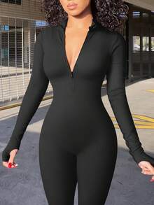 Womens Workout Winter Long Jumpsuits Seamless Yoga Gym Bodycon Rompers Sexy Unitard Tummy Control - Zip Black - View 5