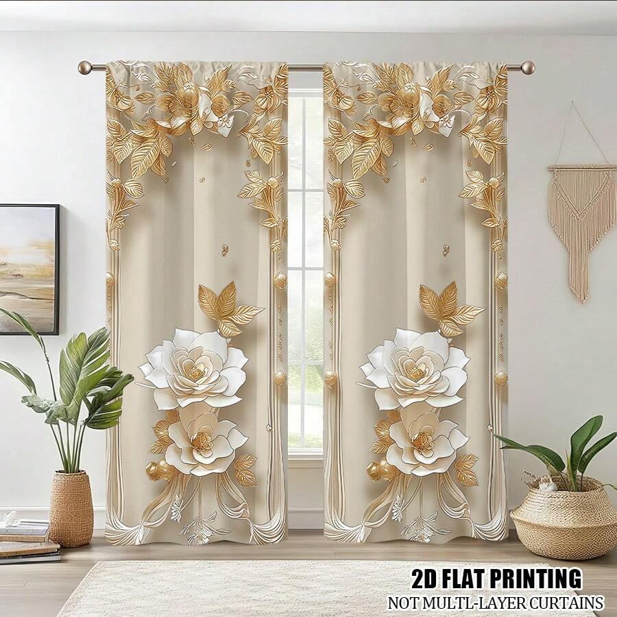 2 Pcs Polyester Light Filtering Curtains - High Definition White Gold Flower Pattern Printing For Bedroom, Living Room, Office And Home Decor, Rod Pocket Design - Multicolor - View 1