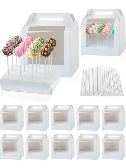 Set de 5 cajas portátiles para sujetar cake pops, caja de exhibición de cake pops de 10.4 X 8.66 X 5.9 pulgadas con ventana transparente, caja blanca para cake pops