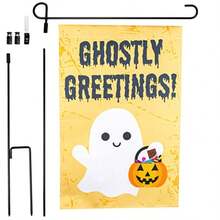 Halloween Garden Flag "Ghostly Greetings" POLE INCLUDED 12" X 18" Outdoor Water And Weatherproof Lawn Sign Spooky Fall Party Decor Outdoor House Decoration# DOUYYY