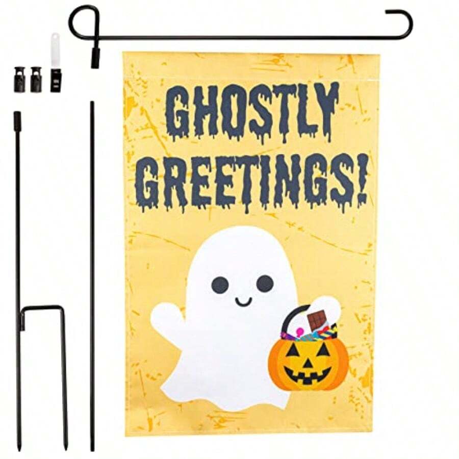 Halloween Garden Flag "Ghostly Greetings" POLE INCLUDED 12" X 18" Outdoor Water And Weatherproof Lawn Sign Spooky Fall Party Decor Outdoor House Decoration# DOUYYY