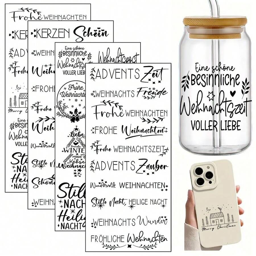 4pcs/Set German Christmas Quote UV DTF Transfer Stickers For Libbey Glasses - Festive Holiday Designs With "Merry Christmas" & "Frohe Weihnachten" Text, Easy To Apply, Perfect For Glassware, Bottles, And Crafts, Festive Glassware - Multicolor - View 1