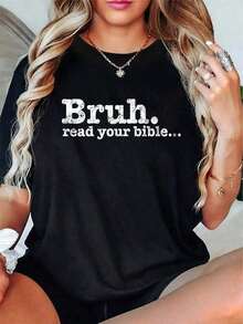 100% Cotton Funny Meme Bruh Read Your Bible Christian Religious Faith T-Shirt100%Plaid Cotton Graphic Tee Men WomenLoose And Comfortable - 黑色 - 查看 4