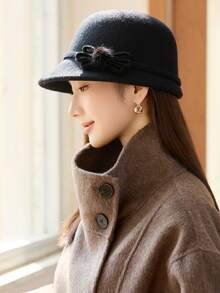 1 件女士渔夫帽，法国新款优雅复古羊毛毡渔夫帽，经典百搭蝴蝶结保暖帽 - A - 查看 2