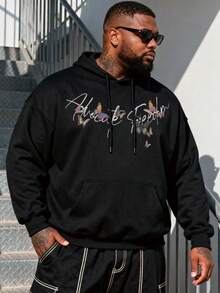 1pc Plus Size Men's Floral Letter Print Hoodie Sweatshirt, Suitable For Casual Everyday Wear, Autumn/Winter